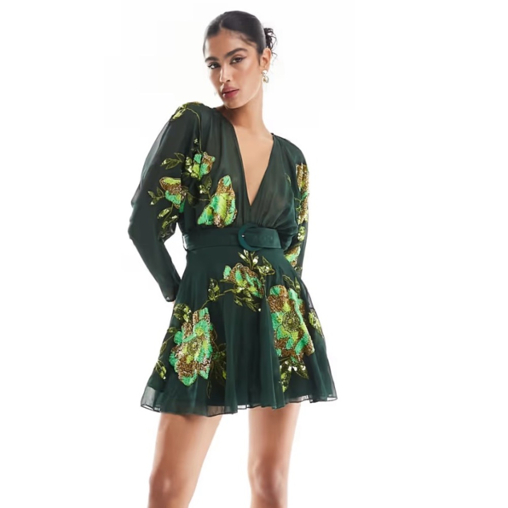 ASOS Dark Green Floral Long Sleeve Dress mini dress with belt US 14 NWT